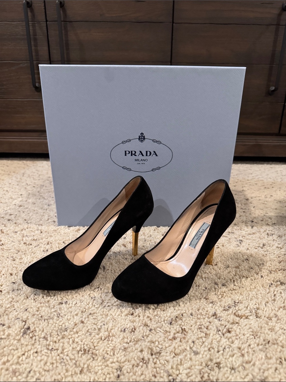 Prada Black Suede Pumps with Gold Stiletto Heel